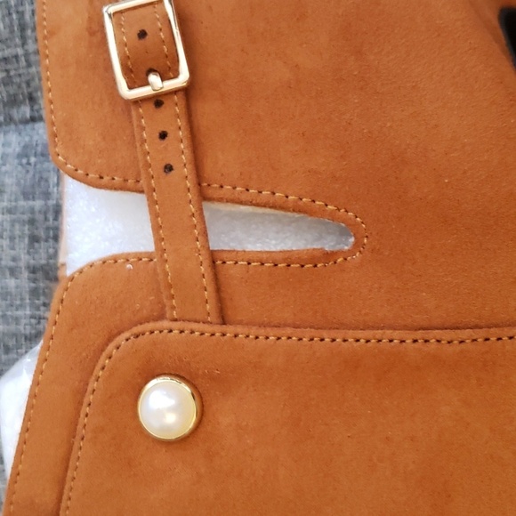 Coutgo Pointed Toe Pearl  Buckle Stiletto Faux Suede Booties Rust Tan Size 8.5 - Picture 8 of 11